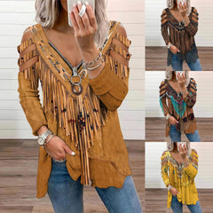 Μπλούζα με φερμουάρ και τυπωμένα φουντάκια Western με κοίλο τελείωμα