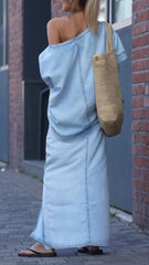 Γυναικείο Casual Κοστούμι με Στρογγυλή Λαιμόκοψη σε Χρώμα Tencel Denim