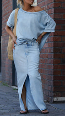 Γυναικείο Casual Κοστούμι με Στρογγυλή Λαιμόκοψη σε Χρώμα Tencel Denim