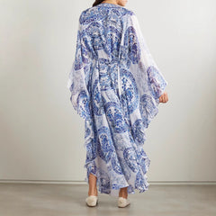 Καλοκαιρινό μπλε και λευκό πορσελάνινο φαρδύ φόρεμα για γυναίκες