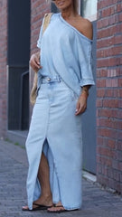 Γυναικείο Casual Κοστούμι με Στρογγυλή Λαιμόκοψη σε Χρώμα Tencel Denim