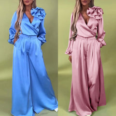 Σετ 2 τεμαχίων τοπ με λαιμόκοψη και φαρδύ παντελόνι για γυναίκες