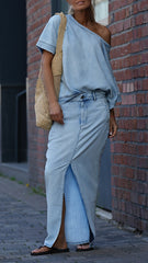 Γυναικείο Casual Κοστούμι με Στρογγυλή Λαιμόκοψη σε Χρώμα Tencel Denim