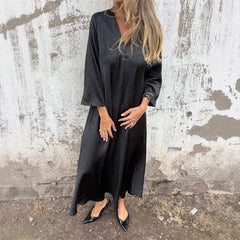 Γυναικείο Μονόχρωμο Βαμβακερό Φόρεμα με V-λαιμόκοψη και μανίκια τριών τετάρτων