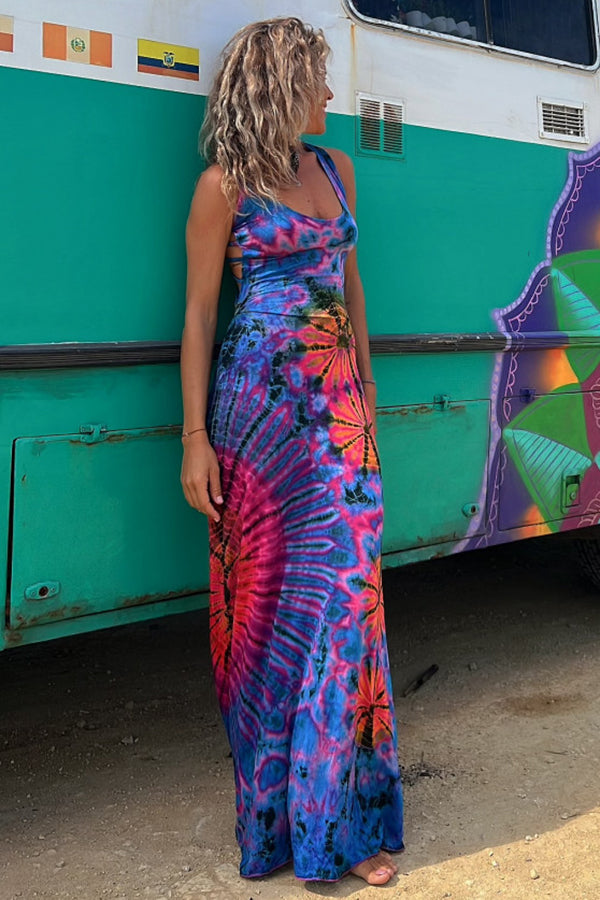 Φόρεμα μάξι με στάμπα και κορδόνια, tie-dye, ελαστικό (με ενσωματωμένο σουτιέν)