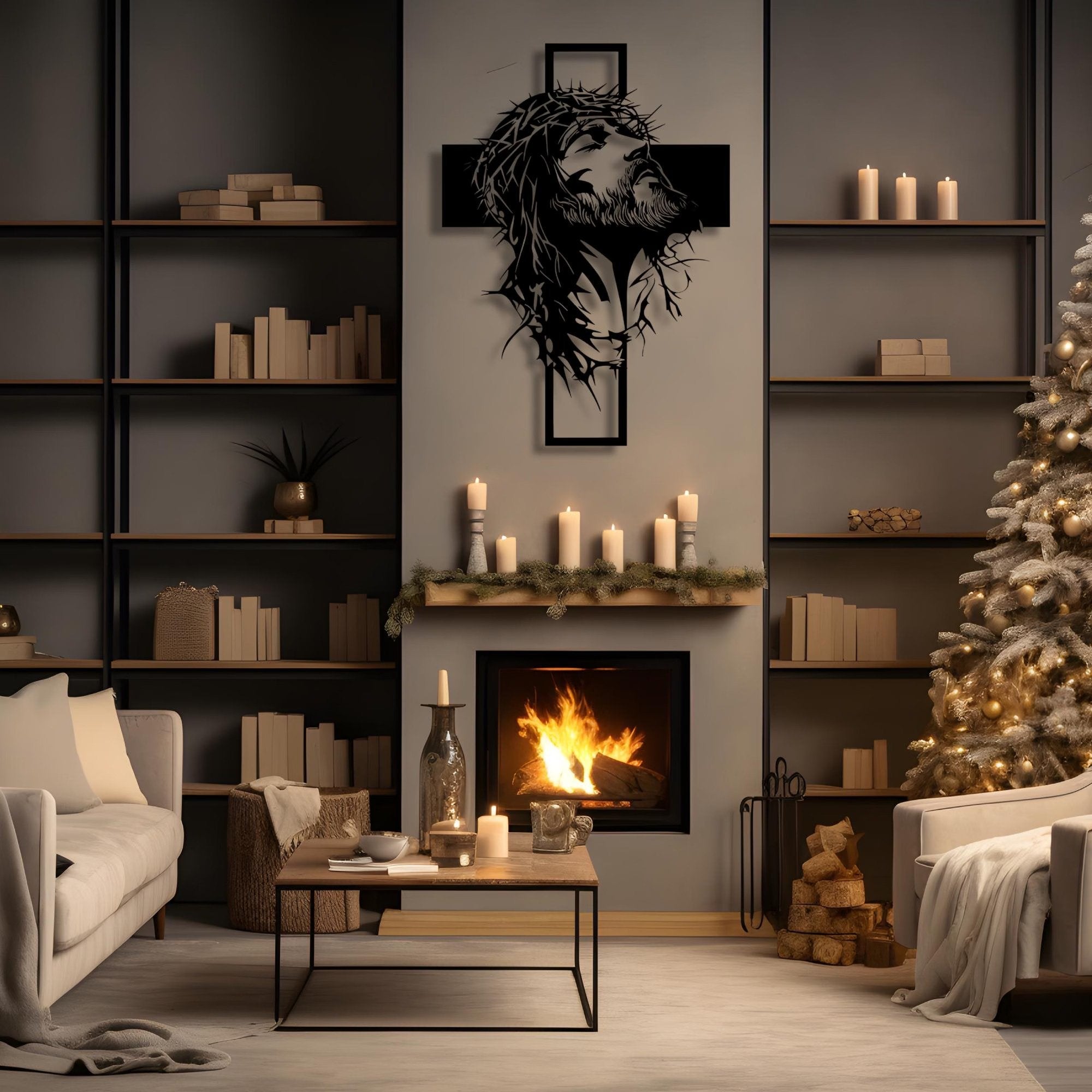 🔥 Μεταλλική Τέχνη Τοίχου με Πορτρέτο του Ιησού και Σταυρό