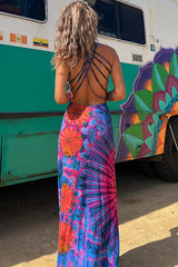 Φόρεμα μάξι με στάμπα και κορδόνια, tie-dye, ελαστικό (με ενσωματωμένο σουτιέν)