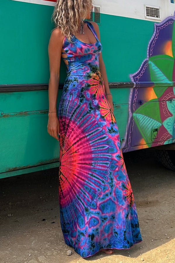 Φόρεμα μάξι με στάμπα και κορδόνια, tie-dye, ελαστικό (με ενσωματωμένο σουτιέν)