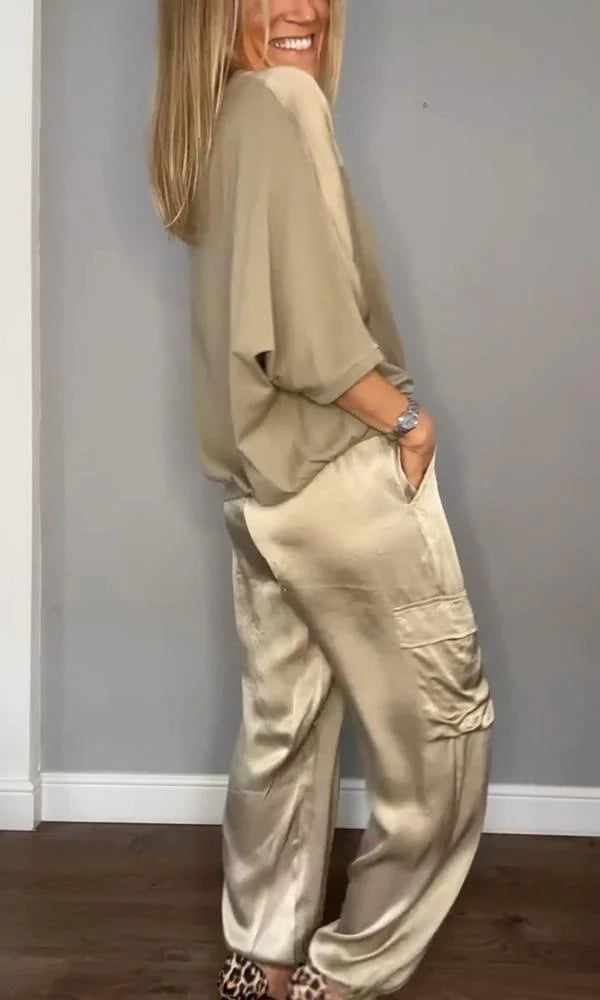 👗Σετ λείο σατέν μισό μανίκι και παντελόνι💝