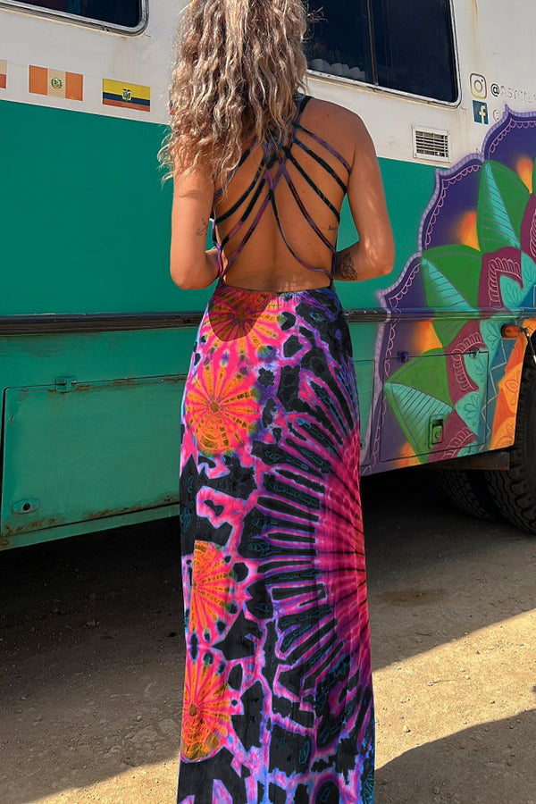 Φόρεμα μάξι με στάμπα και κορδόνια, tie-dye, ελαστικό (με ενσωματωμένο σουτιέν)