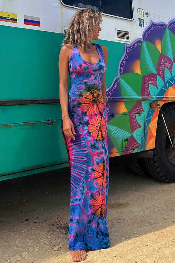Φόρεμα μάξι με στάμπα και κορδόνια, tie-dye, ελαστικό (με ενσωματωμένο σουτιέν)