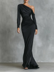 Μαύρο κομψό σατέν μάξι φόρεμα γοργόνας με έναν ώμο και σούρες