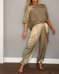 👗Σετ λείο σατέν μισό μανίκι και παντελόνι💝