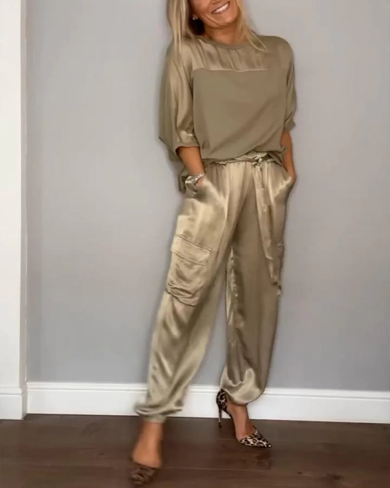 👗Σετ λείο σατέν μισό μανίκι και παντελόνι💝