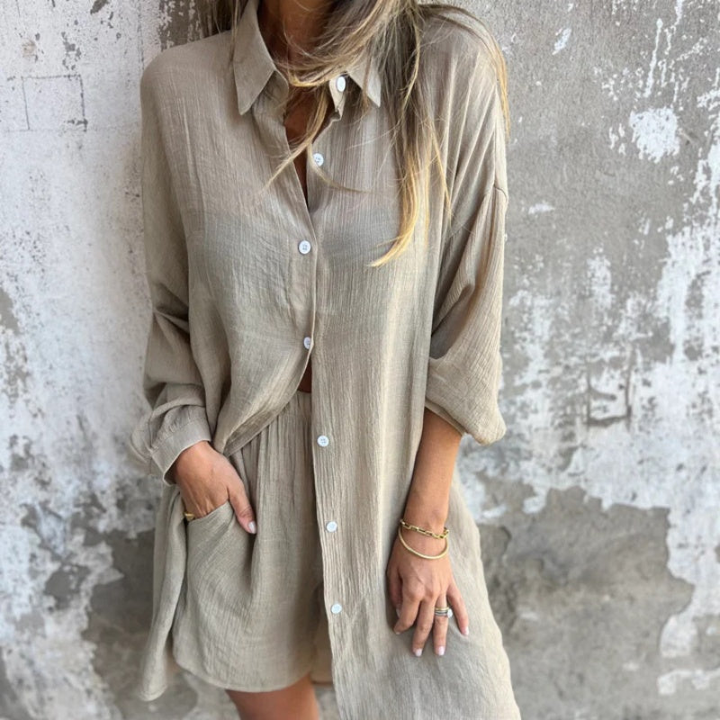 🔥Έκπτωση 52%💃Γυναικείο σετ δύο τεμαχίων casual με μακριά μανίκια και σορτς