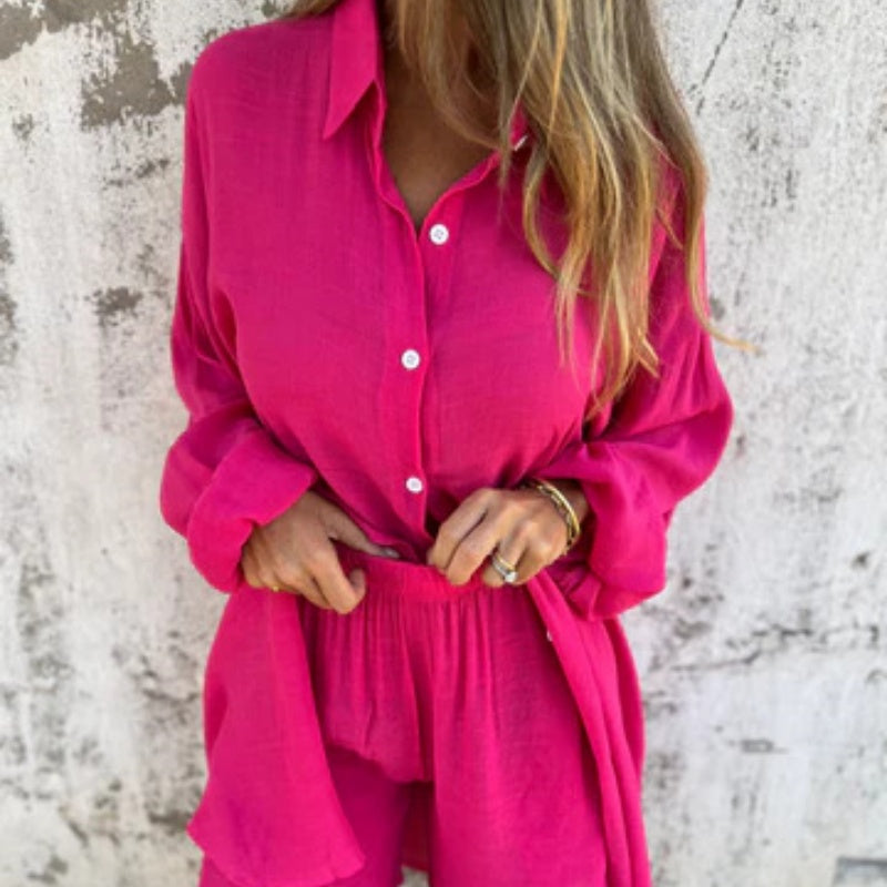🔥Έκπτωση 52%💃Γυναικείο σετ δύο τεμαχίων casual με μακριά μανίκια και σορτς