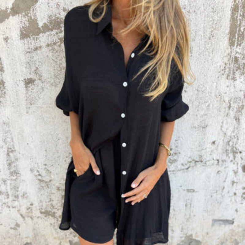 🔥Έκπτωση 52%💃Γυναικείο σετ δύο τεμαχίων casual με μακριά μανίκια και σορτς