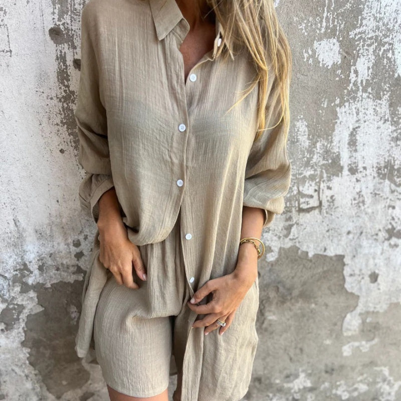 🔥Έκπτωση 52%💃Γυναικείο σετ δύο τεμαχίων casual με μακριά μανίκια και σορτς